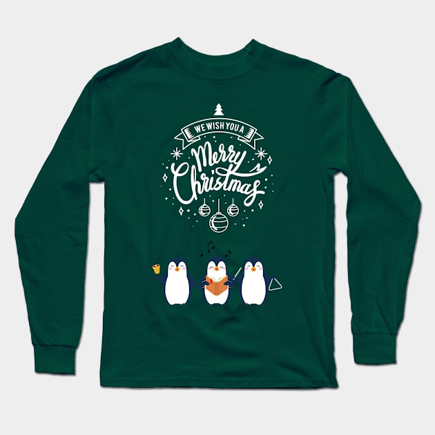 Christmas Penguins Caroling - Light Text Long Sleeve T-Shirt by Whiskers and Wings
